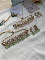 White stone Kundan Pearl Choker with Earrings in Pink and Green Beads hangings