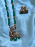 Peacock Temple Lakshmi Green Beads Long Chain with Jhumkas