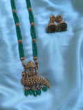 Peacock Temple Lakshmi Green Beads Long Chain with Jhumkas