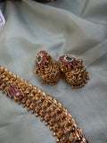 Pure Kemp Brass Jadau Kundan Stones Lakshmi Pendant Kasumala with Jhumkas