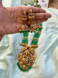 Bridal Lakshmi and Peacock Green Long Haram with Jhumkas