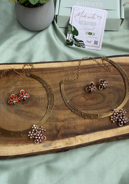 AD Floral Pendant Hasli Necklace with Earrings in Two Colors (Price for Each)