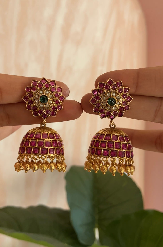Kemp Ruby Green Flower Jhumkas – Daivik.in