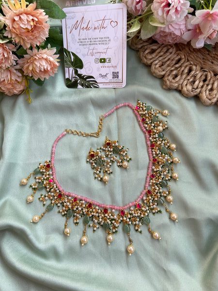 Pastel Beads Pearl Necklace with Earrings