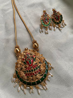 Ruby Green Lakshmi Flower Rice Pearl Hangings Necklace with Earrings