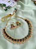 Reversible Ruby and Green Rice Pearl Necklace with Two Earrings