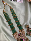 Ad Green Beads Peacock Long Haram with Earrings
