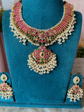 Pure Kemp Brass Jadau Cluster Pearl Pendant Necklace with Earrings