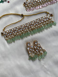 White stone Kundan Pearl Choker with Earrings in Pink and Green Beads hangings