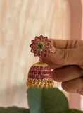 Kemp Ruby Green Flower Jhumkas