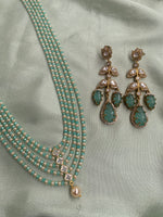 Five Layer Green and Golden Beads Mala/Necklace with Earrings