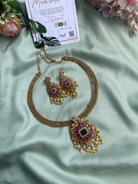 Ruby Green Peacock Hasli Necklace with Earrings