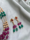 Three Line Multi Color Pearl Mala with Earrings
