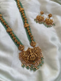 Bridal Lakshmi Green and Golden Layer Long Haram with Earrings