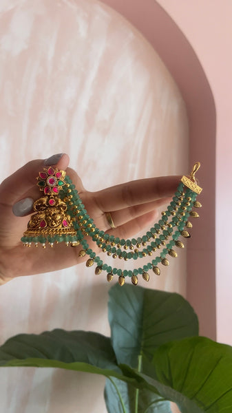 Peacock Jhumkas with Green Beads Mattal