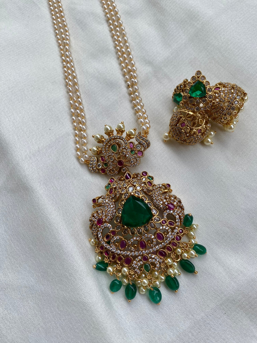 Pearl Ad Green Stone Pendant Long Haram With Jhumkas – Daivik.in