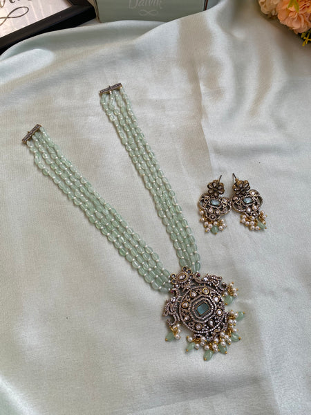 Victorian Green Beads Necklace with Earrings