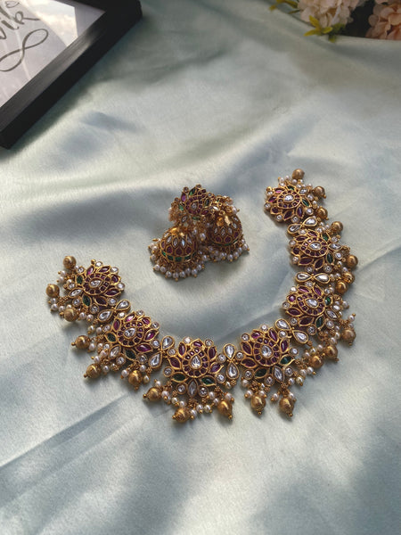 Lotus Necklace with Jhumkas – - Main Image