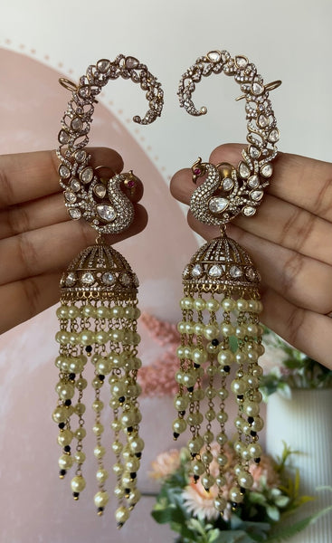 Victorian Peacock Jhumkas with Earcuff