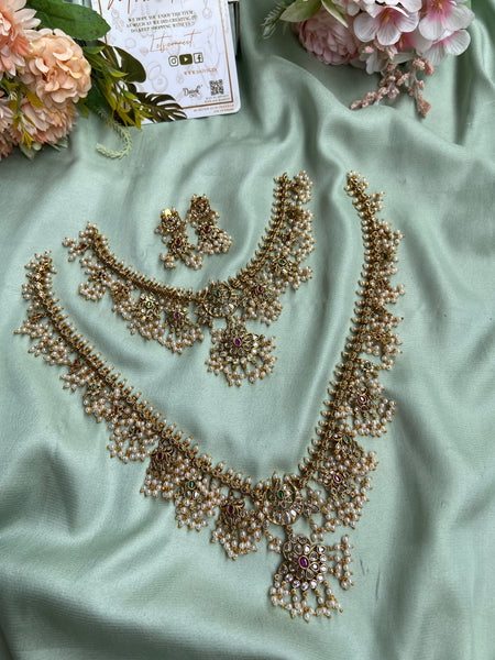 Floral Guttapusalu Short and Long Necklace with Earrings (Prices for Combo, Short & Long)