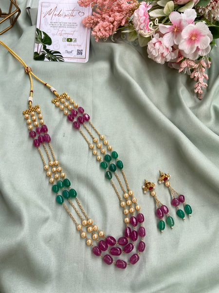 Three Line Multi Color Pearl Mala with Earrings