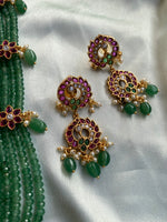 Pure Kemp Brass Green Beads Peacock Long Haram with Earrings