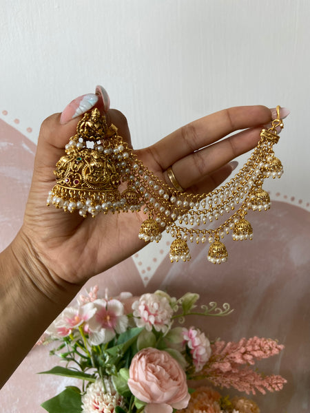 Lakshmi Jhumka with Golden and White Pearls Mattal