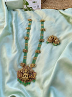 Bridal Lakshmi and Peacock Green and Golden beads Long Haram with Jhumkas