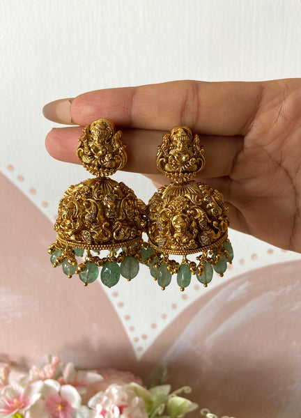 Antique Lakshmi Green Beads Jhumkas