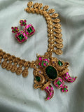 Carved Lion Stone Look Coin Short Haram with Earrings