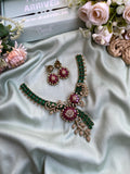 Designer Flower Ruby Green Necklace with Earrings