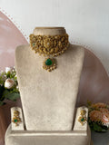 Antique Non Idol Carved Green Stone Pendant Choker with Earrings