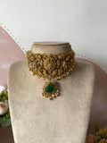 Antique Non Idol Carved Green Stone Pendant Choker with Earrings