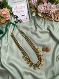 Green and Golden Beads Lakshmi Coin Mala with Jhumkas