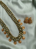 Green and Golden Beads Lakshmi Coin Mala with Jhumkas
