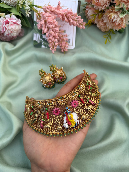 The Vrindavan Melody Krishna Meenakari Choker with Jhumkas