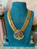 Pure Kemp Brass Jadau Kundan Stones Ruby Green Kasumala with Jhumkas