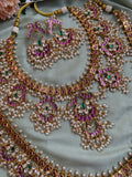 Heavy Bridal Gold Plated Rice Pearl Jadau Short and Long Haram with Earrings (Prices for Short, Long and Combo)