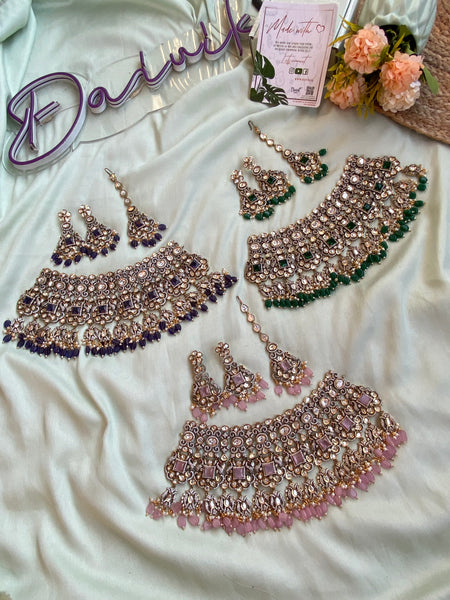 Heavy Bridal AD Stone Necklace with Earrings and Teeka