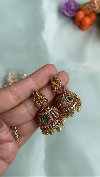 Buy Fida Wedding Ethnic Gold Lakshmi Temple Red and Green Stone Jhumka  Earrings Online