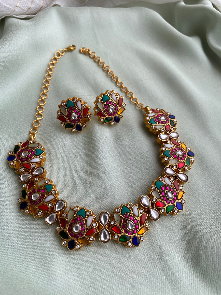 Pure Jadau kemp Lotus Necklace with earrings – Daivik.in