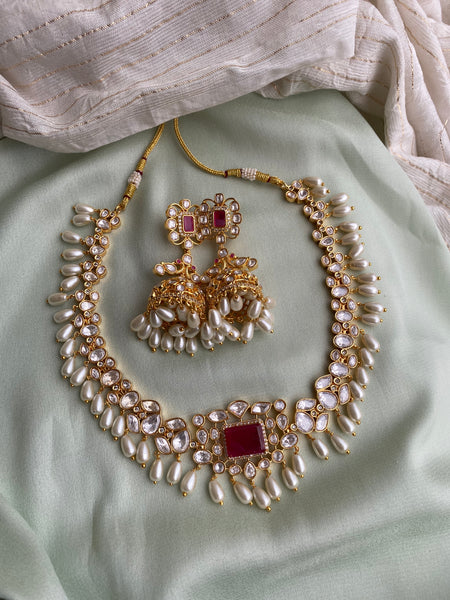 Kundan Brass Necklace with Jhumkas