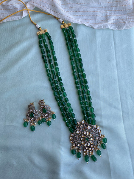 Green beads with Victorian pendant Haram and earrings