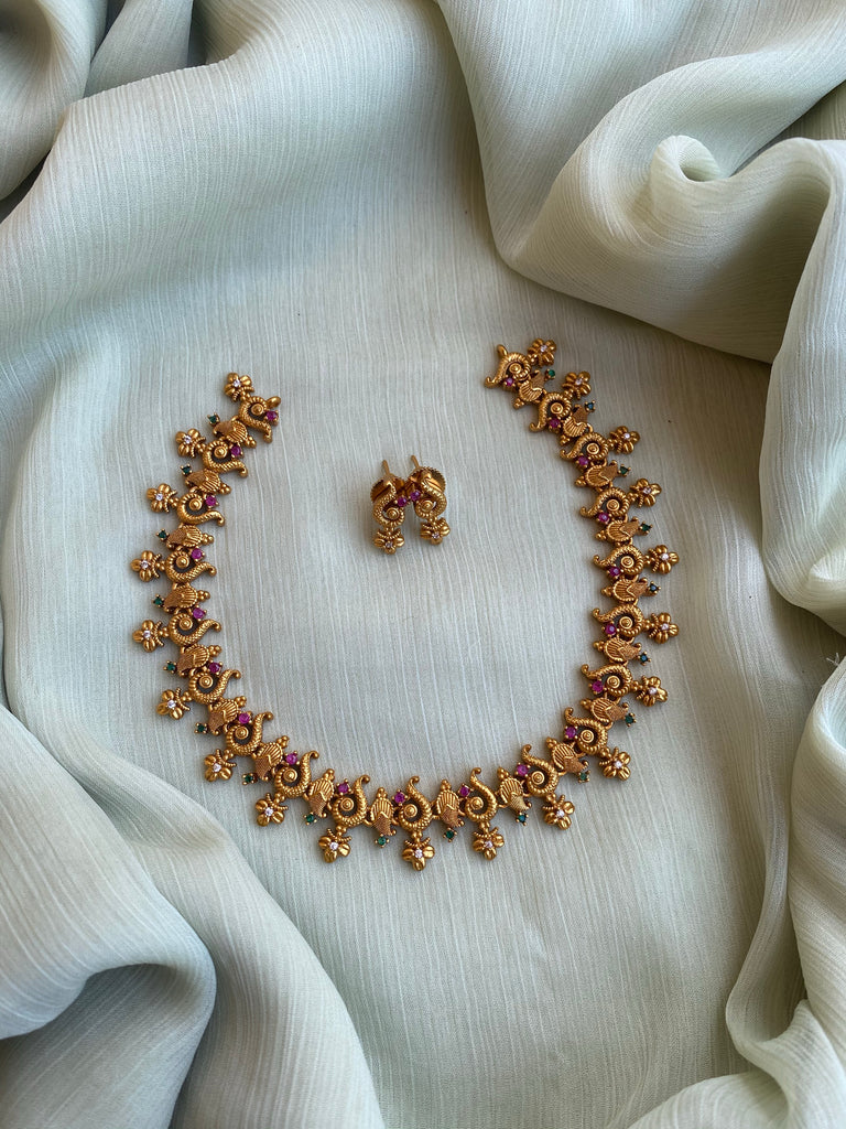 Simple peacock motif necklace with earrings – Daivik.in