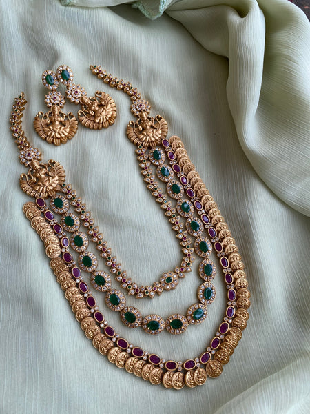 3 layered Lakshmi long haram with earrings